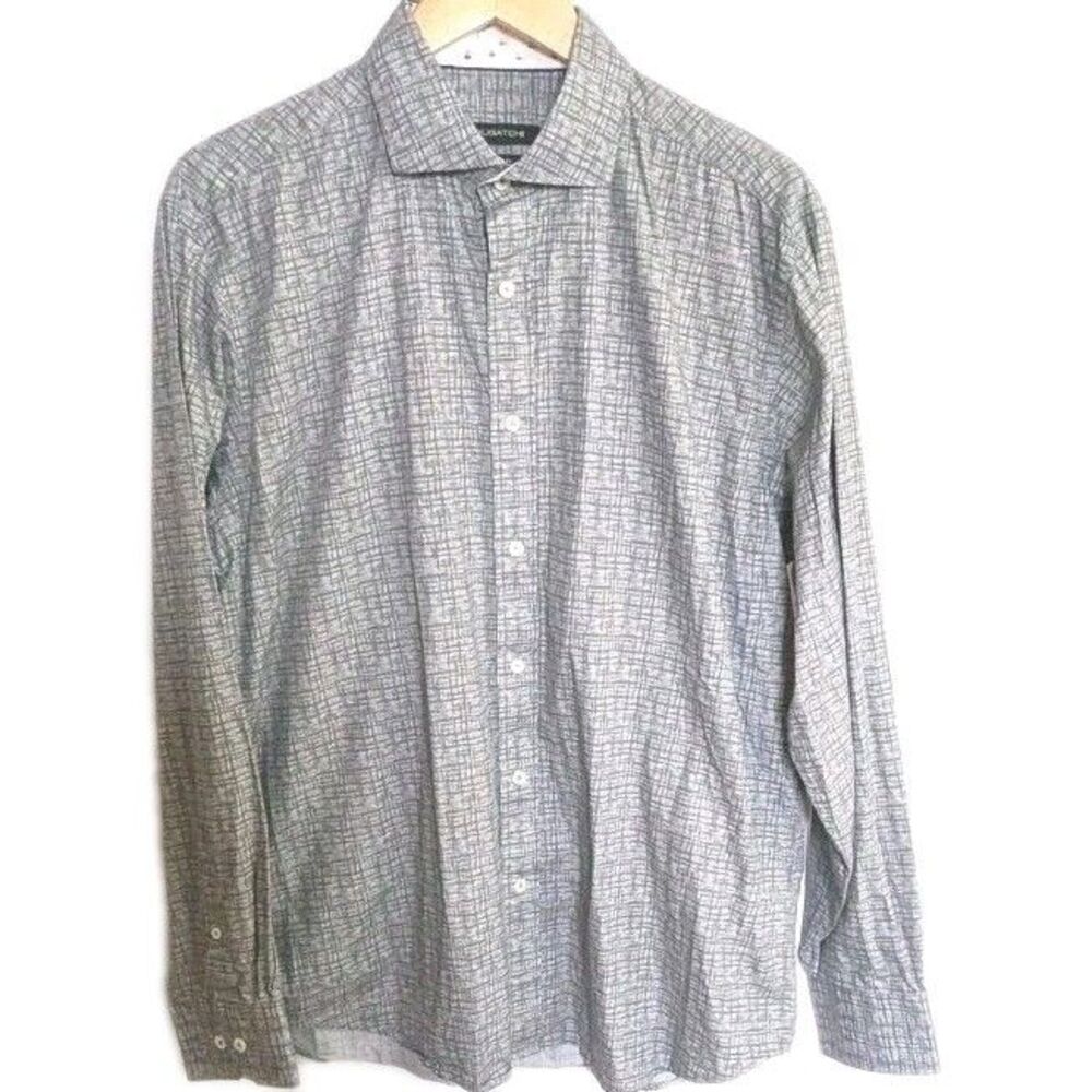 Bugatchi Men Large Classic Fit Gray Crosshatch Long Sleeve Dress Shirt Cotton - Picture 1 of 7